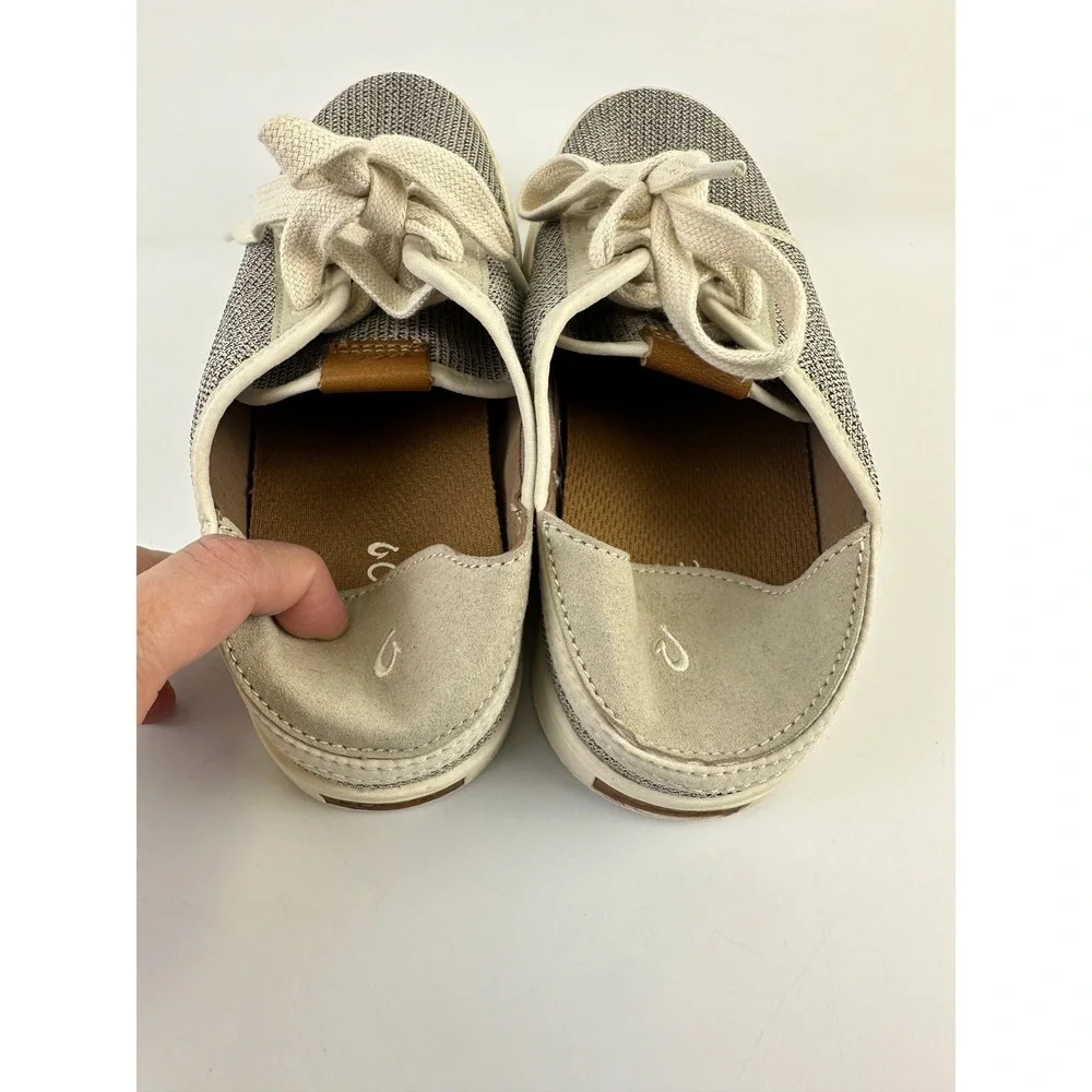 OluKai Pehuea Li Sneaker Lightweight Tapa Gray Knit Lace Up Drop Heel Womens 7.5